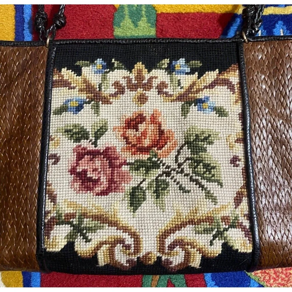 Vintage Needlepoint Floral Handbag Purse 9x12 Leather Ornate Romantic Retro Boho